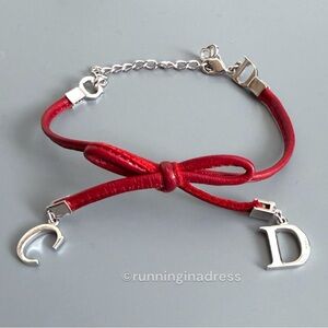 Christian Dior Red Leather Bow Silver CD Logo Bracelet John Galliano Y2K